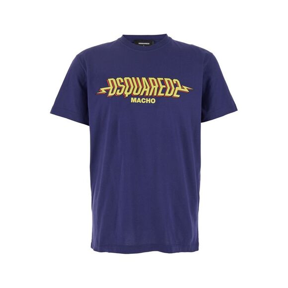Dsquared2 Men Blue Crewneck T-Shirt With Logo Print On The Front In Cotton Man